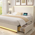 VECELO Full Size Bed Frame with Storage Drawers, Upholstered Platform Bedframe with Wingback Headboard, No Box Spring Needed, Beige
