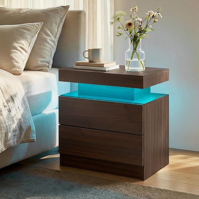 LED Nightstand with Wood 2 Drawers Modern Bedside Table by Unknown