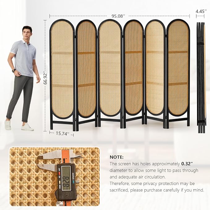 6 Panel Rattan Room Divider, Folding Room Divider Screen, Arched Room Separator - Image 3
