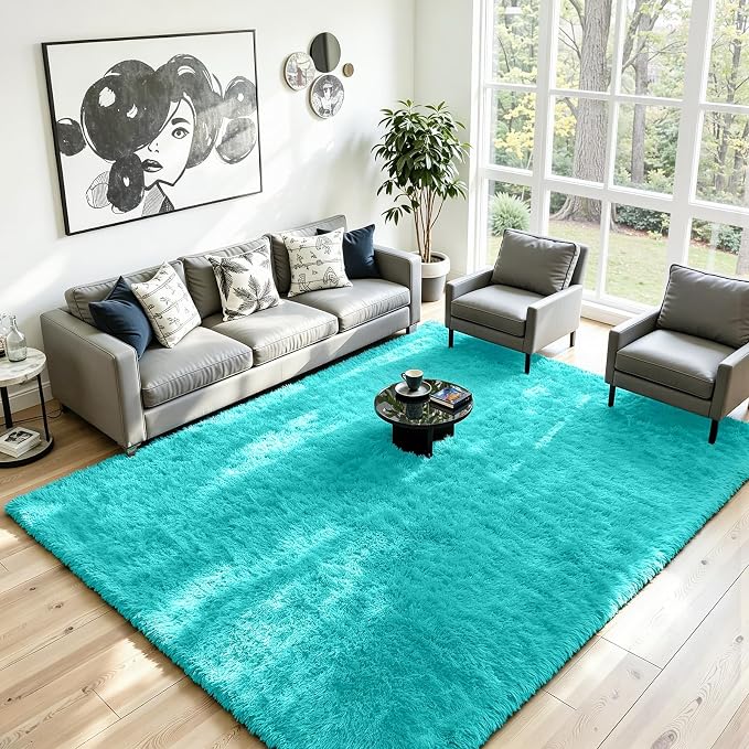 8x10 Fluffy Area Rug for Living Room: Non-Slip Turquoise Bedroom Carpet | Ultra - Image 2