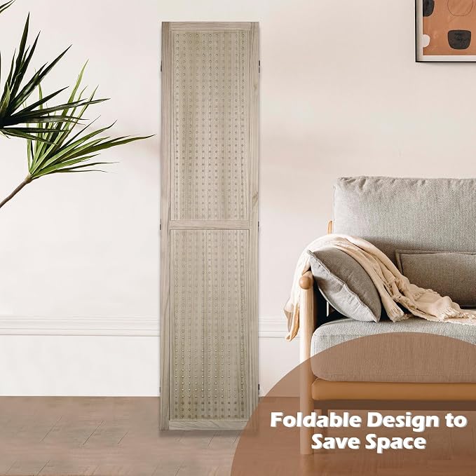 6 Panel Pegboard Room Divider | Natural Wood Folding Privacy Screen - Image 7