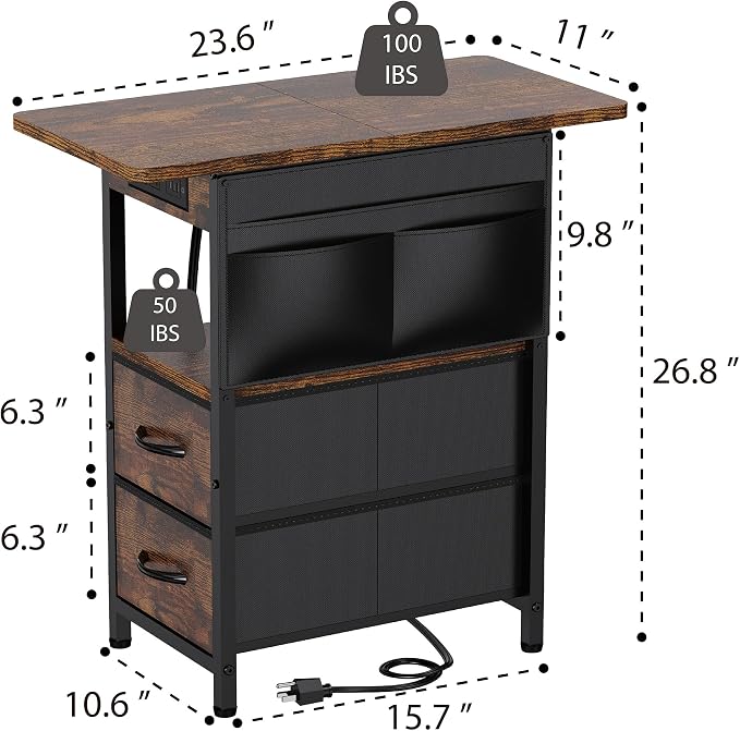 Yenlure Small Side Table with Charging Station, Narrow Nightstand Bedside - Image 3