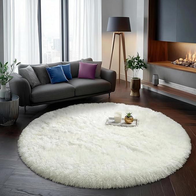 Amdrebio Cream Ivory White Big Furry Area Rug 7Ft by Amdrebio