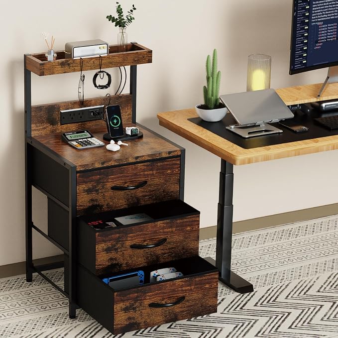 SZLHANJZ Nightstands Set of 2, LED Light and Charging Station, 3 Drawers | - Image 7