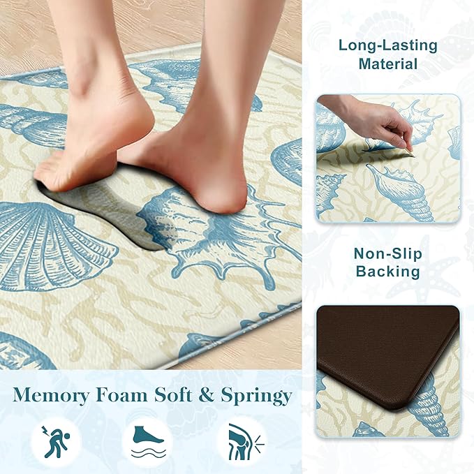 Kitchen Mats for Floor Cushioned Anti Fatigue Sets of 2 Beach Theme Kitchen Rugs Non Slip Waterproof Coastal Foam Kitchen Floor Rug Nautical Coral Seashell Comfort Standing Mat for Sink Laundry, Blue
