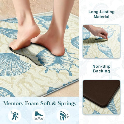 Kitchen Mats for Floor Cushioned Anti Fatigue Sets of 2 Beach Theme Kitchen Rugs Non Slip Waterproof Coastal Foam Kitchen Floor Rug Nautical Coral Seashell Comfort Standing Mat for Sink Laundry, Blue