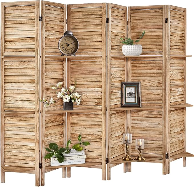 Room Divider with Shelves, 6 Panel Natural Privacy Screen | Partition Room by AMBITION+LAND