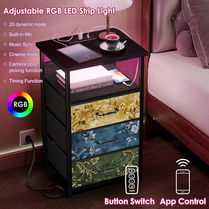 Fixwal Night Stand with 3 Fabric Drawers, Nightstand with Charging Station | - Image 4