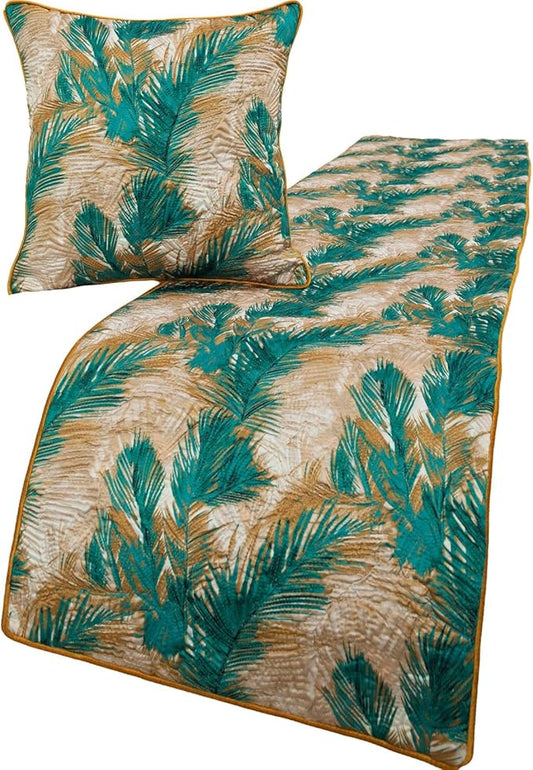 The HomeCentric King/Queen/Twin Green Decorative Full 68"x18" Bed Runner with 2 Pillow Cover, Plam Leaves & Quilted Bed Scarf on Satin Fabric - Palms