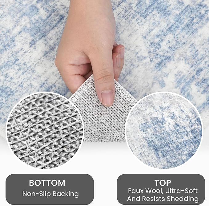 IOHOUZE Abstract Runner Rug 3x14 Ft Washable Runners for Hallways, Non Slip Kitchen Runner Printed Faux Wool Entryway Runner Indoor, Modern Abstract Floor Carpet for Hall Stair, Light Blue White