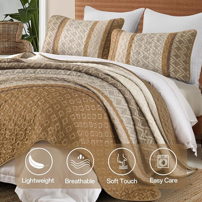 Dinjoy Boho Queen Quilt Set, Striped Bedspread Queen Size, Light Brown Bedding - Image 9
