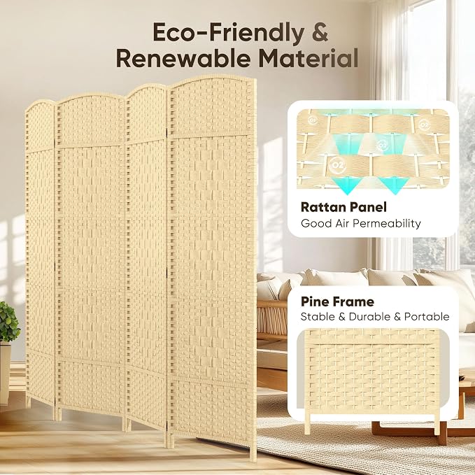 Rattan Room Divider, 4-Panel Folding Privacy Screen 6ft. Extra Wide | Room - Image 3