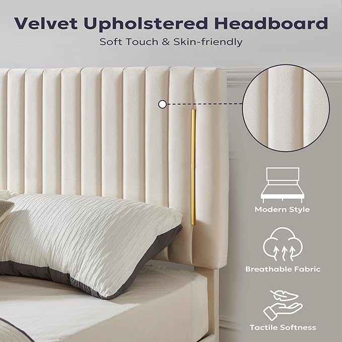 Queen Platform Bed Frame, Velvet Upholstered Bedframe with Vertical Channel Adjustable Headboard, Golden Plating Trim, Mattress Foundation with Wooden Slats, No Box Spring Needed, Beige