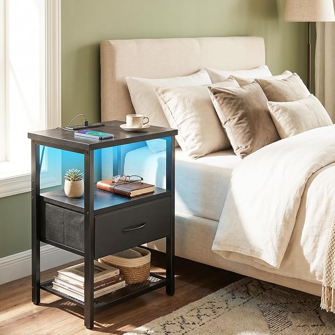 Fixwal Night Stand with Charging Station, 1 Drawer | fabric drawer, built-in - Image 8