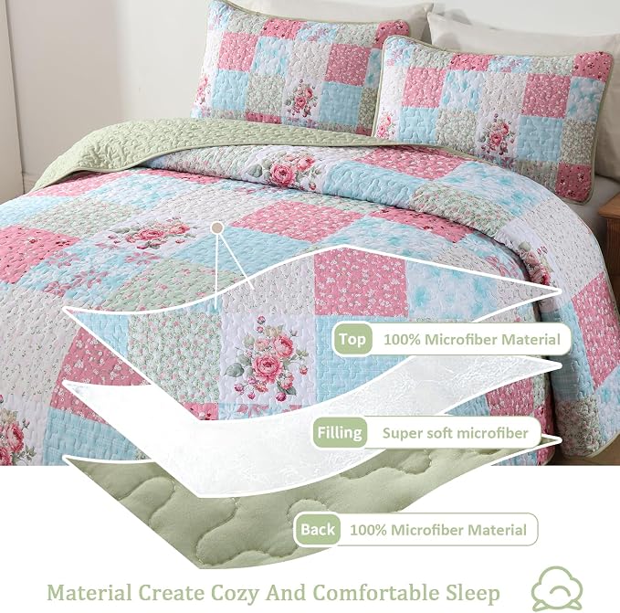 Mybedsoul Blue Pink Patchwork King Size Quilt, Soft Boho Floral King Bedspreads - Image 3