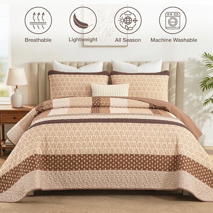 WONGS BEDDING Brown Stripe Quilt Set, 3 Pieces Boho Bedspread Queen Size | - Image 2