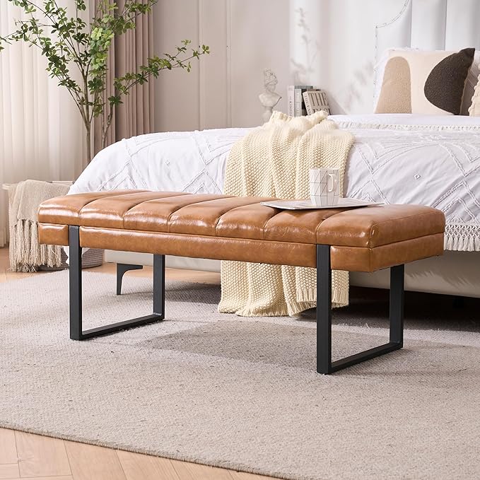 46" Faux Leather Bench for Bedroom End of Bed Window, Camel Brown | Tufted by AIITTCC