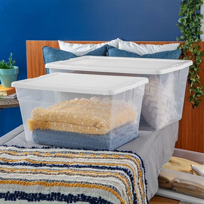 Sterilite 90 Qt Storage Box, Stackable Bin with Lid, Plastic Container to Organize Clothes, Blankets, Towels in Closet, Clear with White Lid, 1-Pack