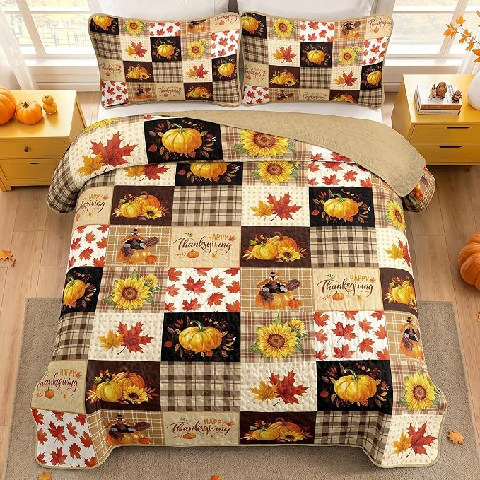 Fall Patchwork Quilt Set Queen, 3 Pieces Thanksgiving Bedding Set Brown | - Image 3