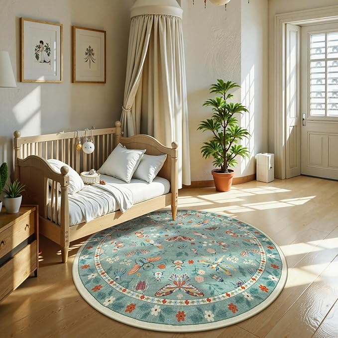 Lahome Insect Washable Round Rugs, Non-Slip Soft Round Rug 4ft Ultra-Thin, Small Boho Circle Carpet for Entryway Kitchen Bedroom Nursery Bathroom, Green