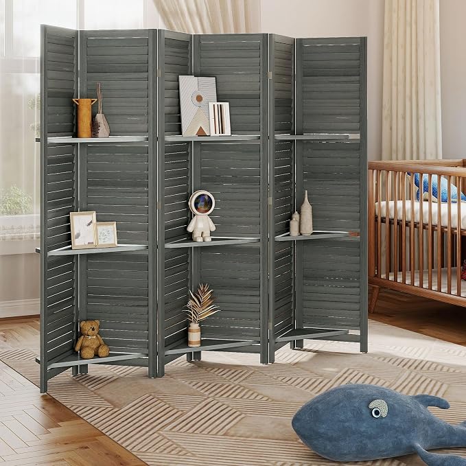 HOMCOM Room Divider with Shelves, 6 Panel, 3 Display Shelves, Folding Storage - Image 9