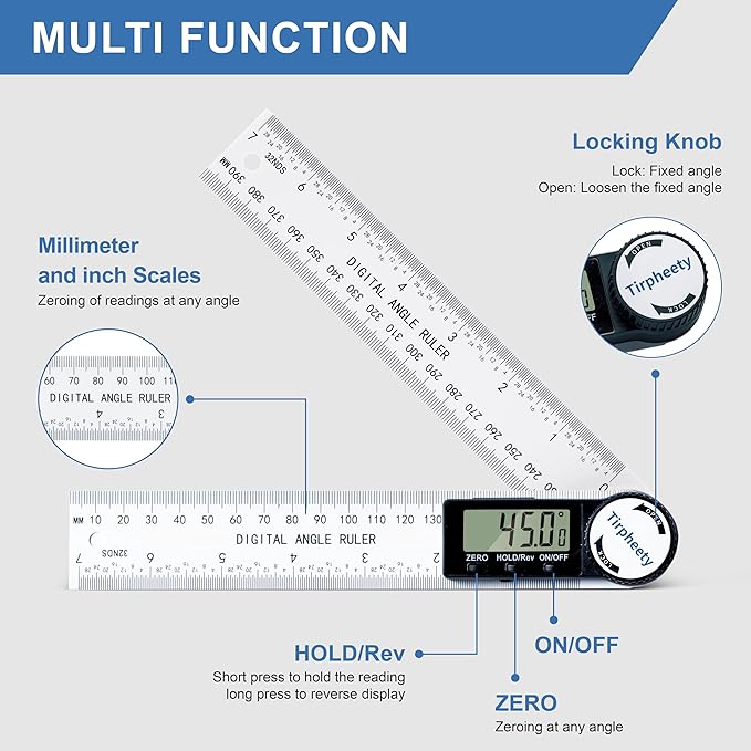 Tirpheety Digital Angle Finder Protractor, 3rd Generation Quick Display Angle Gauge Ruler, 7-Inch (200mm) Professional Measuring Tool for Woodworking, Carpentry, and Construction