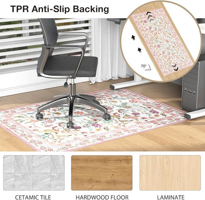 50"x60" Pink Floral Office Chair Rug, Easy to Clean Computer Chair Rug, Under Desk Rugs for Home Office, Desk Rugs for Rolling Chairs, Floor Mat for Hardwood Floors, Desks Carpet for Tile Floor