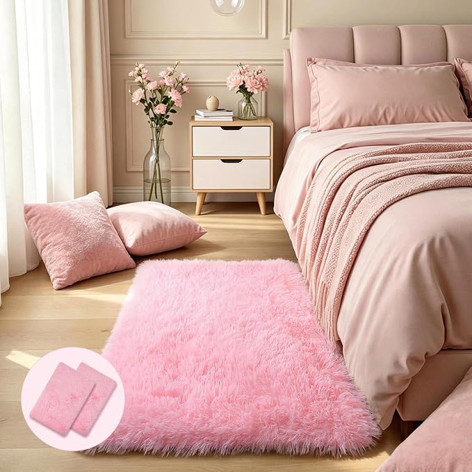 KCHOWUA Pink Fluffy Fuzzy Rug 2x3, living room, kids room, and dorm by KICHOWUA
