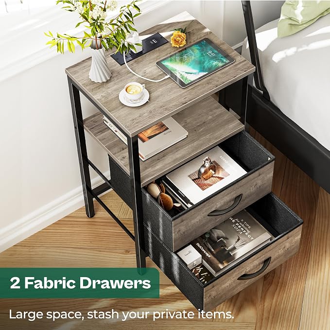 Huuger Nightstand with Charging Station, Side Table with Fabric Drawers | End - Image 4