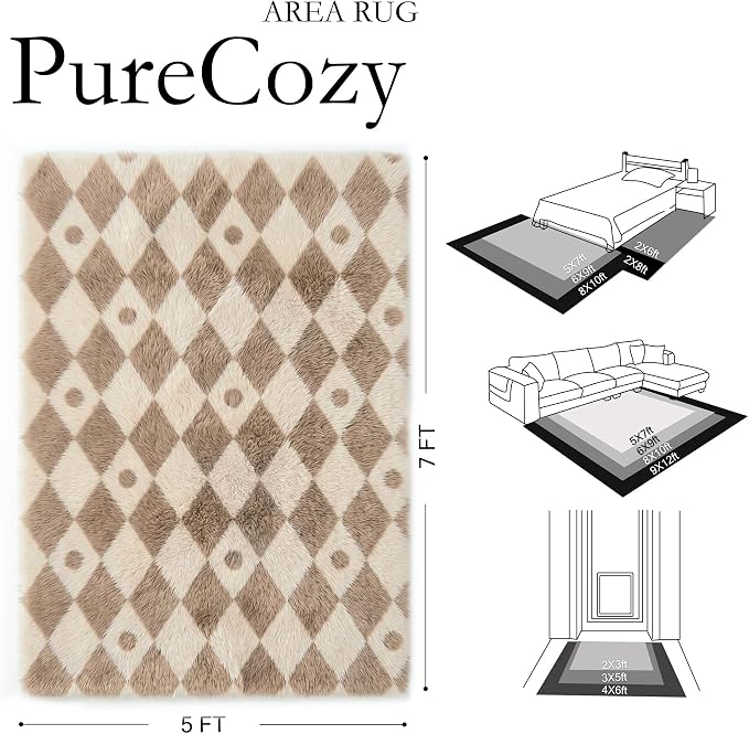 Brown 5x7 Area Rug for Living Room Soft Checkered Shag Carpet | Machine Washable - Image 2