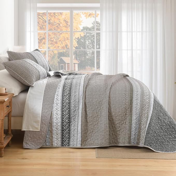 Cottolester Quilt Set King, Taupe Grey Striped Patchwork Bedspread | Modern - Image 7