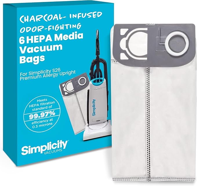 Simplicity Vacuums S26HC-6 HEPA Vacuum Bags with HEPA Media for S26 Premium Allergy Upright Vacuum Cleaner, Charcoal-infused, Drop-in Bag, Sealed HEPA System