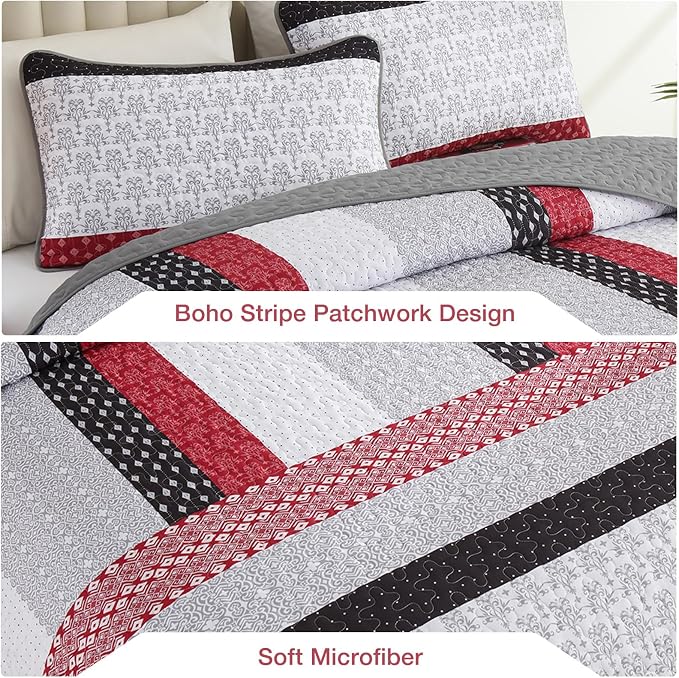WONGS BEDDING Stripe Quilt Set Queen, Boho Bedspread Sets, Breathable - Image 5