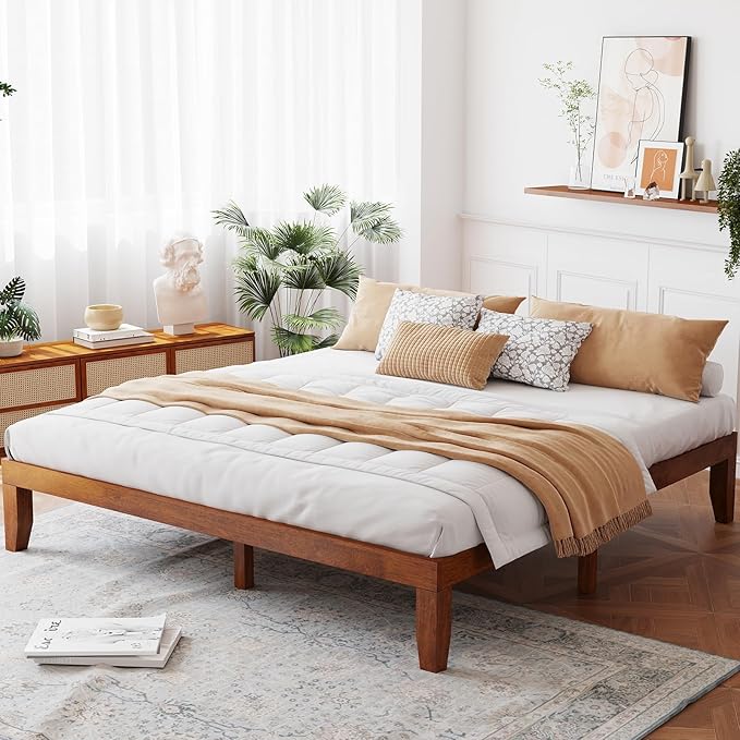 Giantex 14 Inch King Wood Platform Bed Frame, Minimalist Style Mattress Foundation with Solid Rubber Wood, Heavy Duty Slat Support, Without Headboard, Easy Assembly, No Box Spring Needed, Walnut
