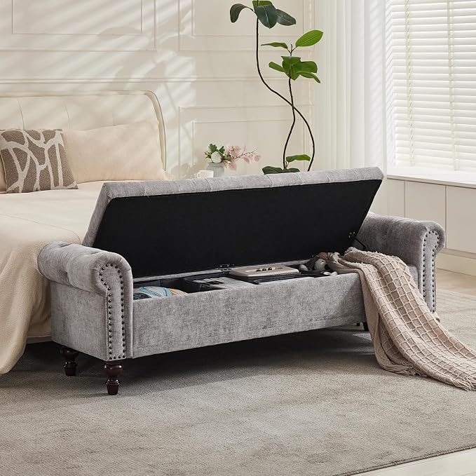 SOFTHION 67" Storage Bench for Bedroom, Chenille Upholstered, Light Grey | King by SofthionDesign