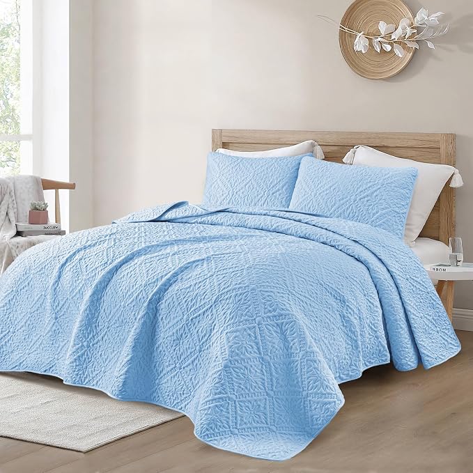 Exclusivo Mezcla Full Queen Quilt Set, Light Blue | Lightweight Soft Bedspreads - Image 2