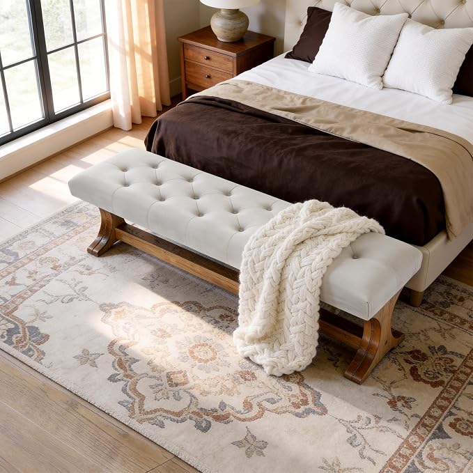 LITTLE TREE 55" Upholstered End of Bed Bench, Solid Wood Tufted Entryway Bench - Image 3