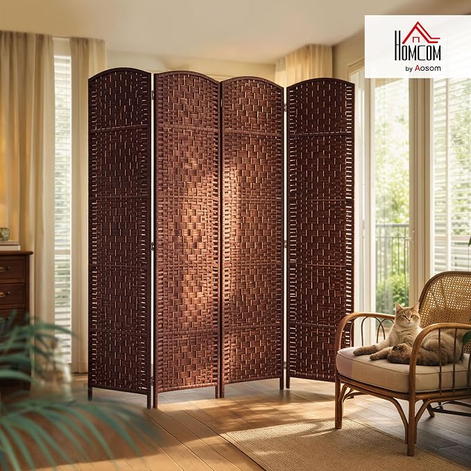 HOMCOM Room Divider 4-Panel, 6FT-Tall Folding Privacy Screen, Hand-Woven Design - Image 2