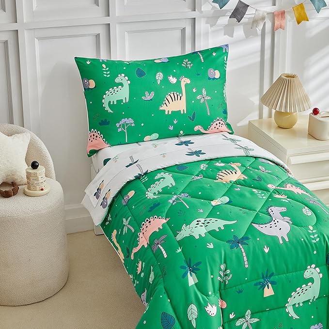 DuShow Dinosaur Toddler Bedding Set for Boys, 4 Pieces Soft Crib Bed Set Including Comforter, Fitted Sheet, Flat Top Sheet and Pillowcase-Green