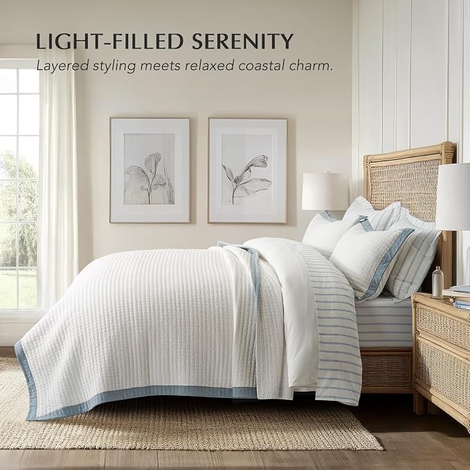 Cotton Border Frame Tack-Stitch Quilt Bedding Set King Size, Coastal Oversized - Image 2