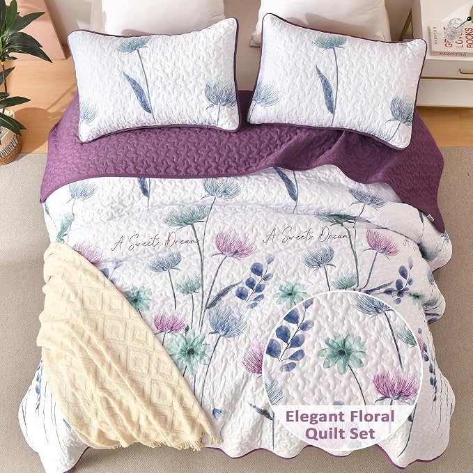 Dinjoy Purple Quilt Set King, Floral Printed Bedspread Coverlet Set | Purple - Image 2