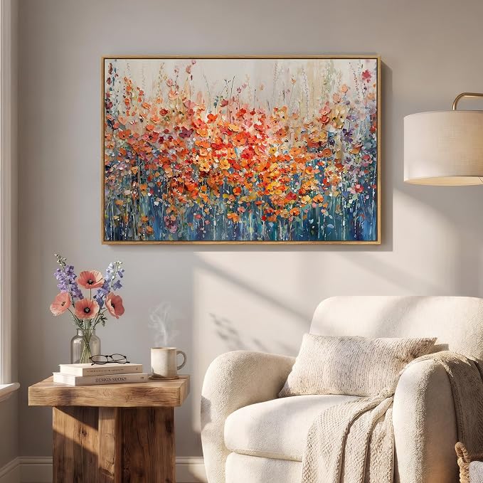Framed Abstract Flower Wall Art, Colorful Botanical Floral Canvas Painting - Image 6