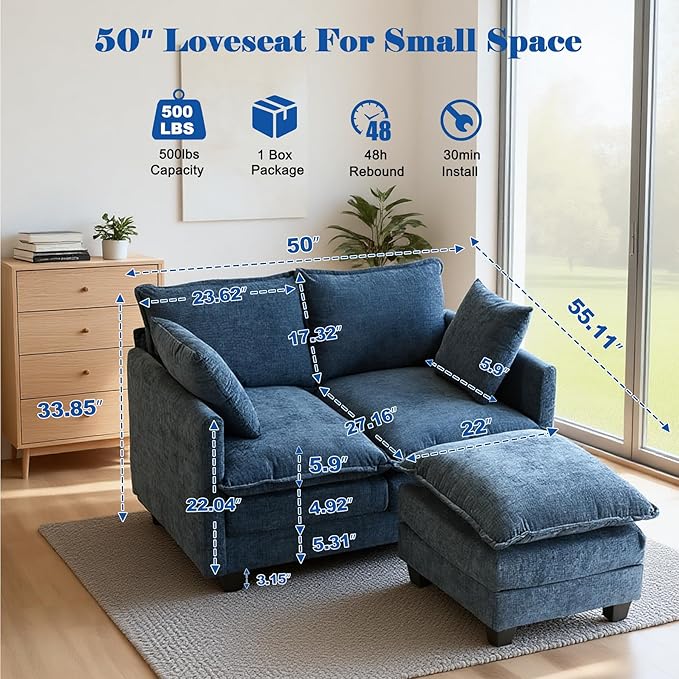 Loveseat Sofa with Ottoman, 50'' Modern L-Shape Cloud Couch Sofa Loveseat with 22'' Ottoman for Small Space/Apartment/Office/Living Room 8834-BLUE-L
