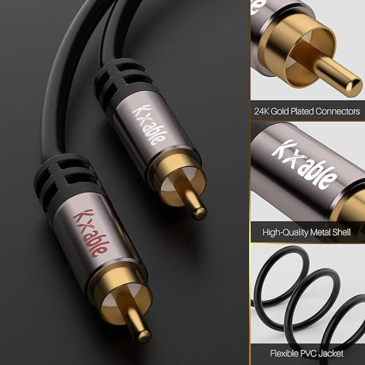RCA Cable 35FT, 2RCA Male to 2RCA Male Stereo Audio Cable,【Oxygen-Free Copper, Hi-Fi Sound, Double Shielded】2 RCA Car Audio Subwoofer Cord for Home Theater, HDTV, Amplifier, Hi-Fi System, Speaker