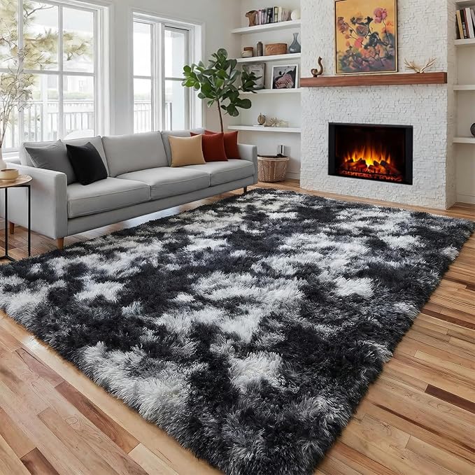 Black White Grey Bedroom Rugs 4x6 Ft, Soft Fluffy Fuzzy Plush Indoor Floor Area by PAGISOFE