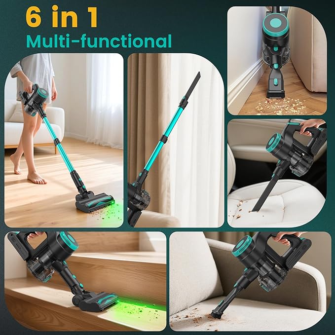 Zefiro 350W Cordless Vacuum Cleaner,45Mins Runtime Vacuum Cleaners for Home, Anti-Tangle and 1.5L Dust Cup, 6 in 1 Lightweight Vacuum for Hardwood Floor Carpet Pet Hair