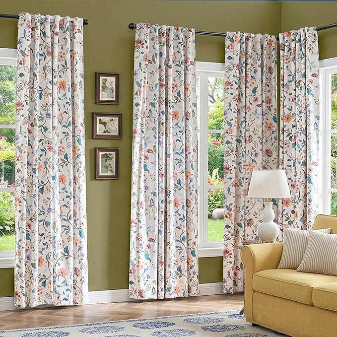 jinchan Beige Floral Blackout Curtains 84 Inch Back Tab 2 Panels Set | Room - Image 4