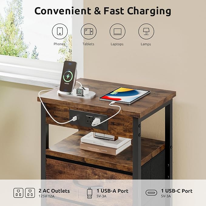 Lazzanto Night Stand with Charger Station, 4 Fabric Drawers, Bedside Table - Image 3