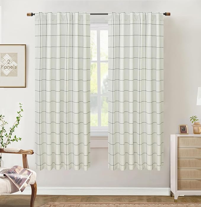 DriftAway 100% Blackout Plaid Linen Curtains 72 Inches Long 2 Panels Black | by DriftAway