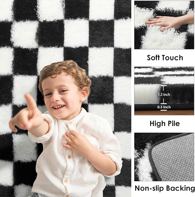 KICMOR Small Rug for Bedroom, 2x3 Fluffy Soft Black and White Checkered Rug - Image 2